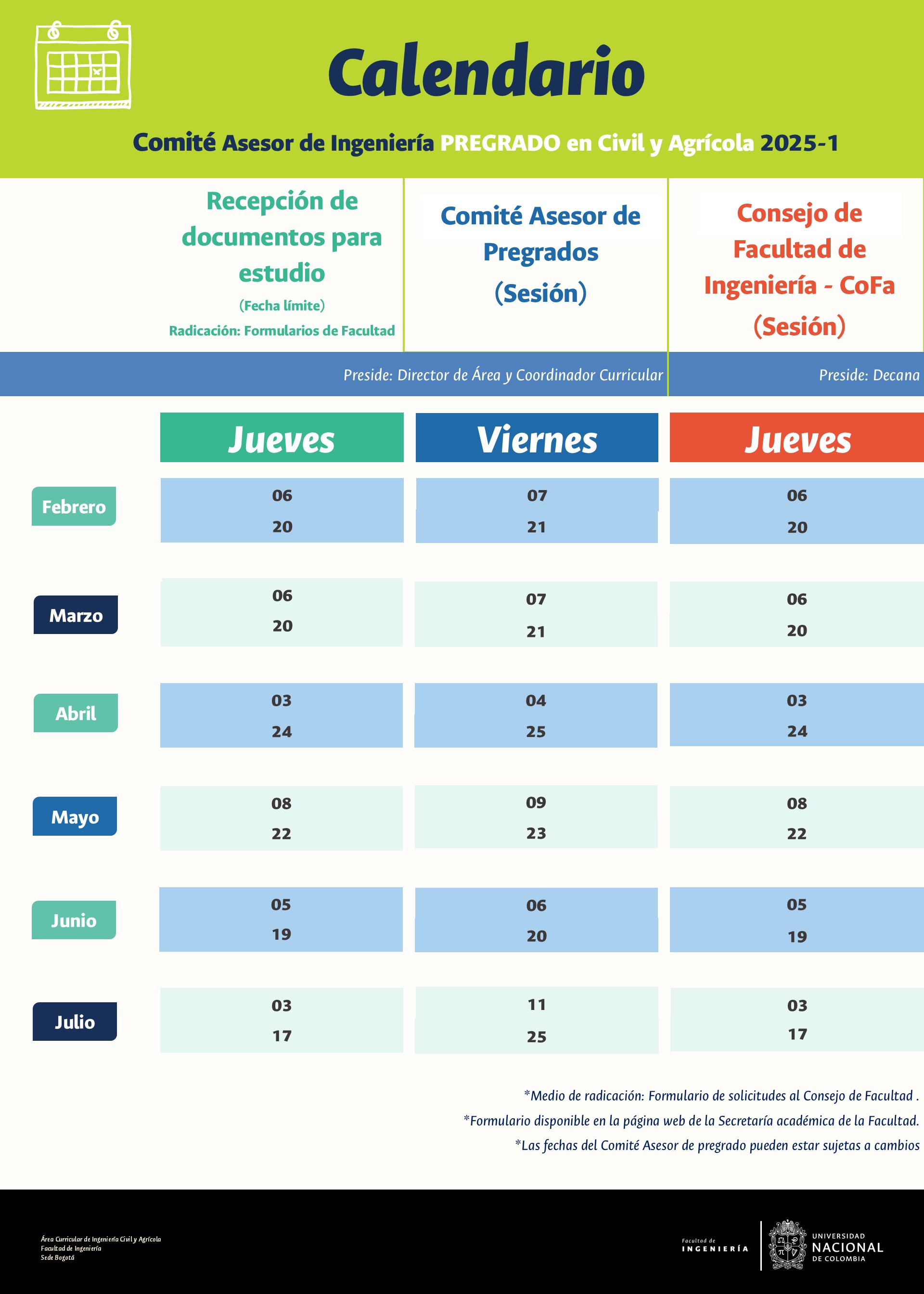 Calendario de sesión Comité Asesor de Pregrado 2025