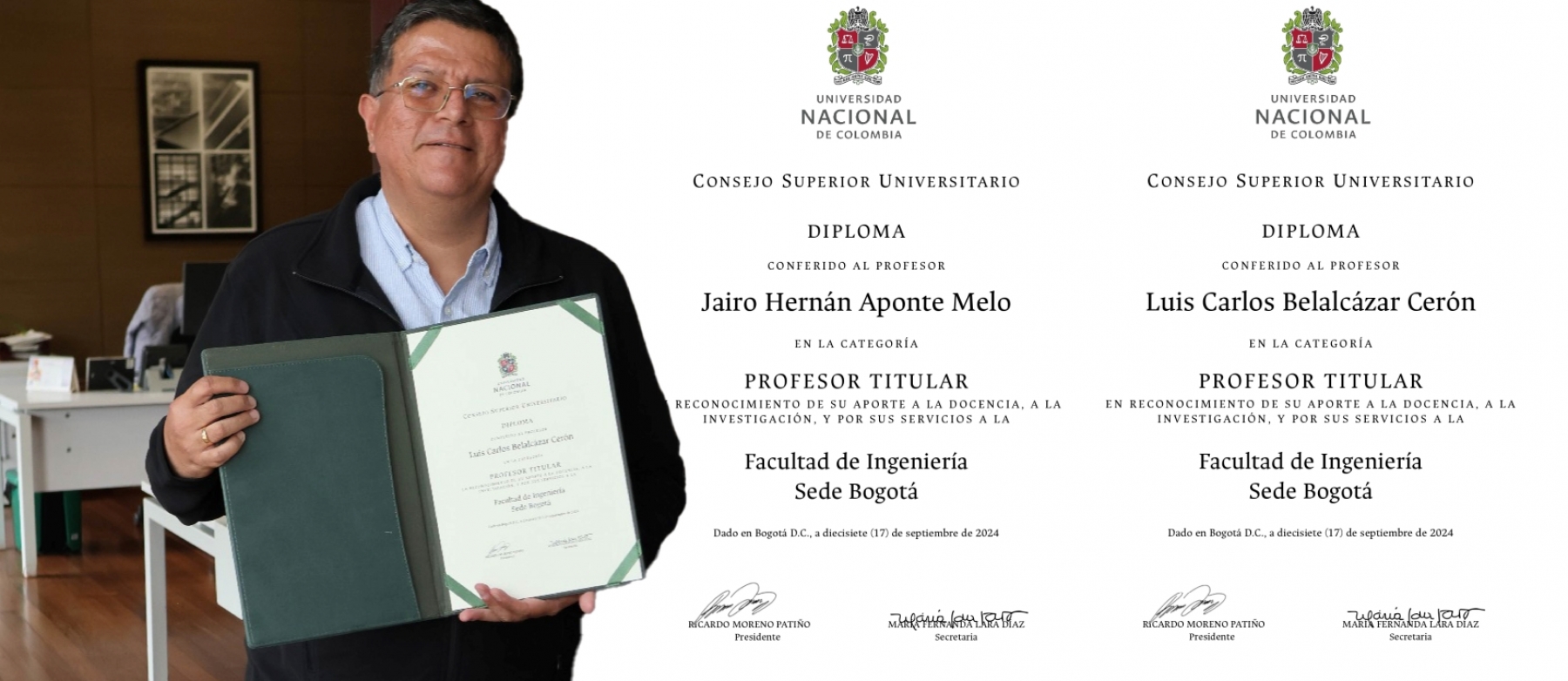 El Consejo Superior Universitario de la Universidad Nacional reconoce la excelencia académica de los profesores asociados Luis Carlos Belalcázar y Jairo Hernán Aponte Melo al otorgarles la categoría de profesores titulares