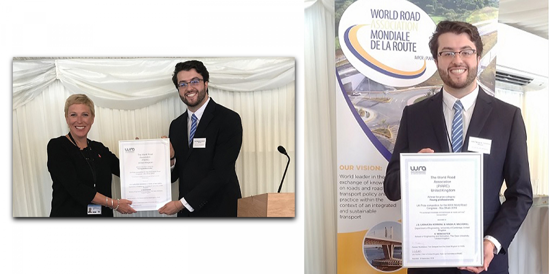 El ingeniero civil Juan Sebastián Cañavera, egresado de la Universidad Nacional de Colombia gana el Premio del Reino Unido para Jóvenes Profesionales en el Congreso Mundial de la Carretera celebrado por la PIARC en el Palacio de Westminster en Abu Dh